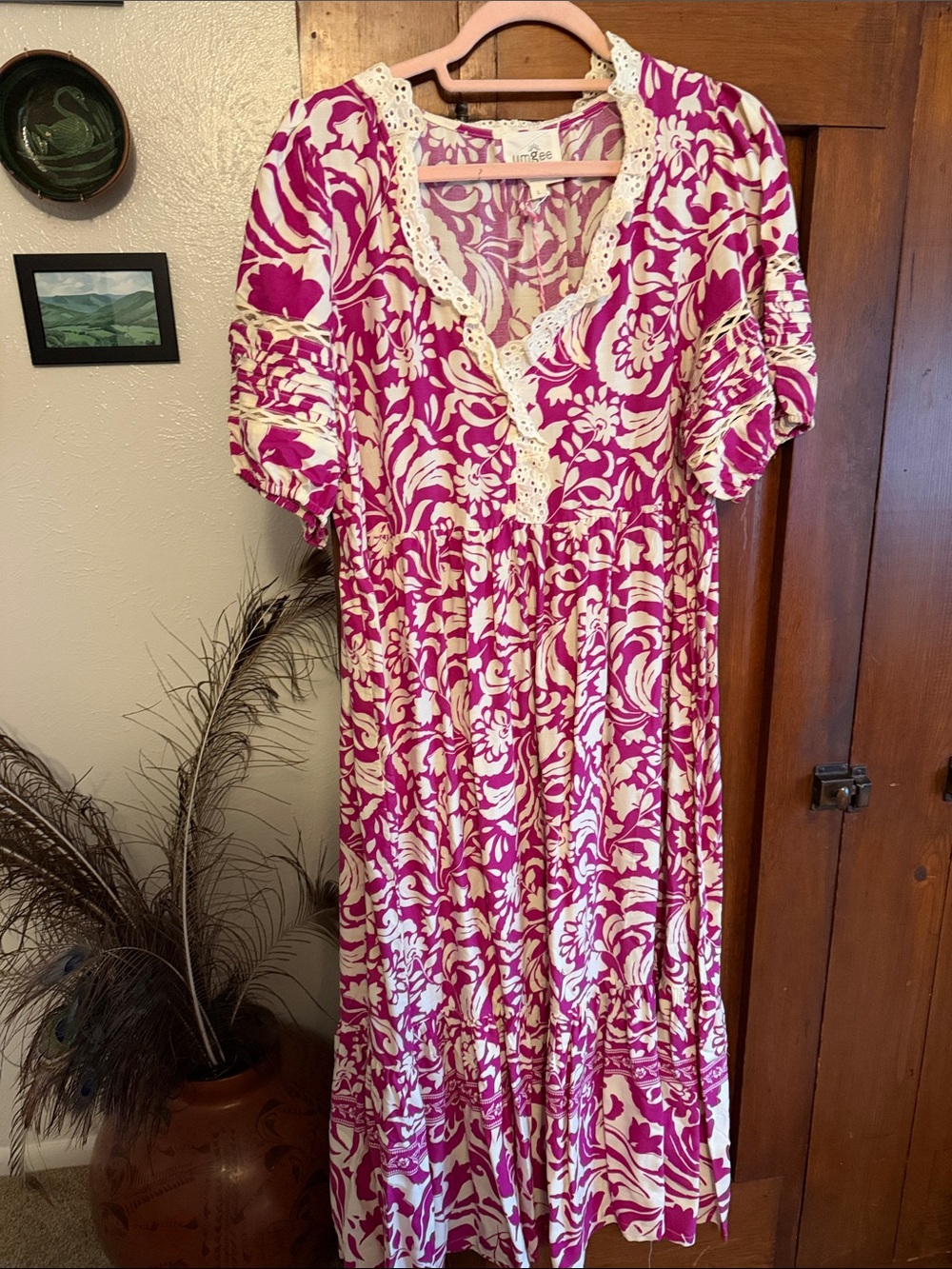 Umgee Pink & Cream Floral Lace-Trim Maxi Dress